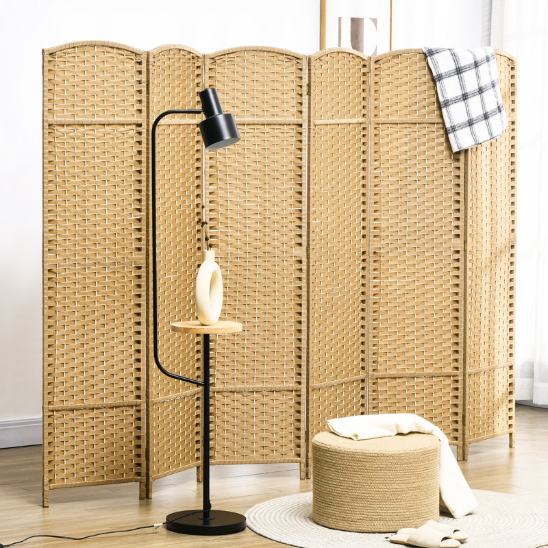 Cloison d'intimité pliante à 6 panneaux, écran de sangle de 5,6 pi de hauteur. Bois naturel, tissé à la main pour la séparation de chambre à coucher et de bureau à domicile, mur