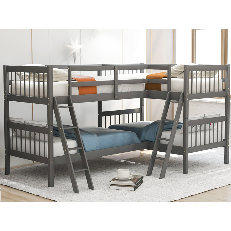 Lit superposé simple en L en gris. Bois massif pour la longévité. Options d'utilisation polyvalentes. Améliore l'ambiance de la chambre à coucher. Aucune boîte à ressorts nécessaire. Coffre-fort avec garde-corps. Dimensions de 76 po x 39 po. Poids de 175 lb / 275 lb