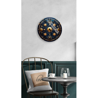 Elegant Celestial Star Chart in Blue & Gold Tempered Glass Silent Wall Clock
