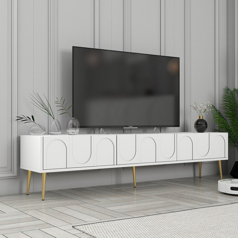 Modern TV Stand with Wall-Mount Option, White and Gold, 70.9 x 16.9 x 13.8 inches | 100% Melamine Coated Particle Board, Thickness: 0.7 inches | Multiple Shelves for Organizing, Stylish Geometric Design for Living Room