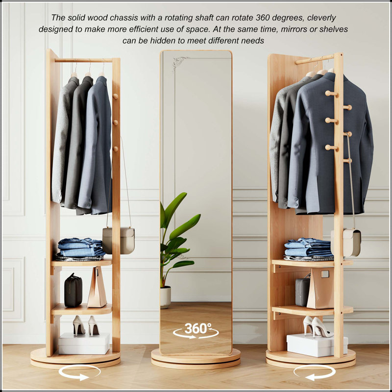 360° Rotating Full Length Mirror with Coat Rack and Storage Hooks