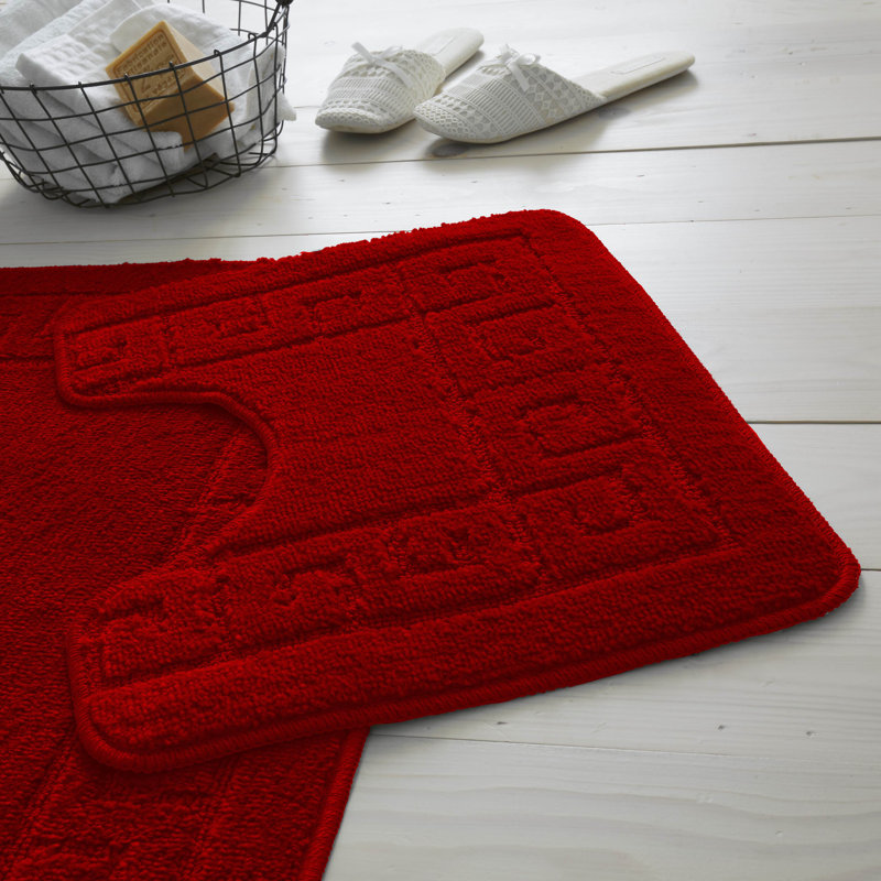 2 Piece Bathroom Rug Set Greek Key Pattern Bath Mat & Pedestal Mat Non Slip Rubber Back Soft Absorbent Mats, Red