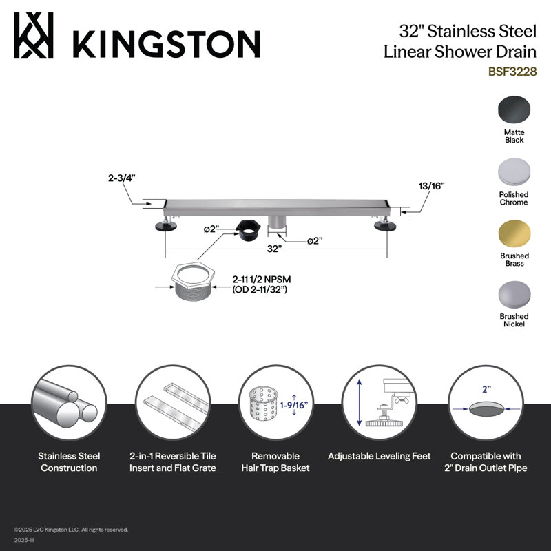 Drain de douche linéaire Kingston 32 po, Noir mat