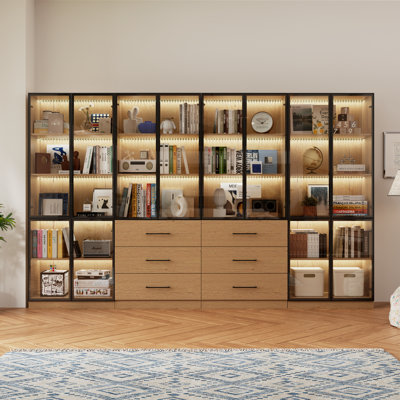 Vitrine en bois de 126 po de largeur avec portes en verre, bibliothèque à 6 portes avec tiroirs, structure en métal et tablettes ouvertes