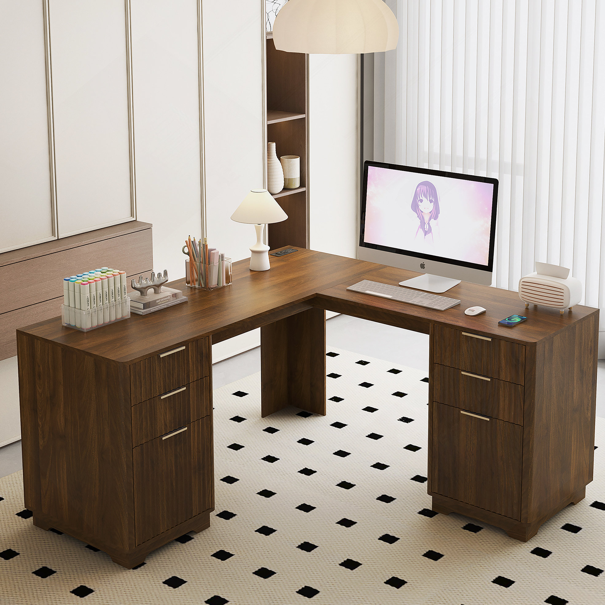 Latitude Run® L Shaped Desk,Computer Desk With Drawers,Bookshelf,Modern ...