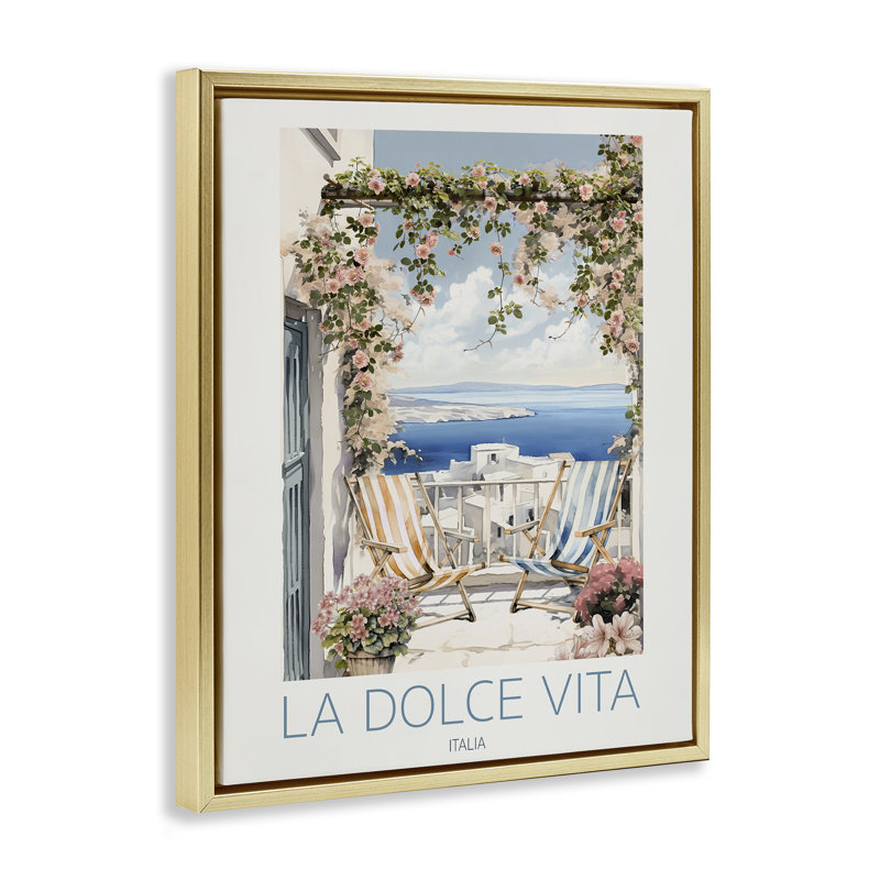 Cadre flottant Coastal Italian View Balcon, design par CAD Designs, H 31 po x l 25 po, Cadre flottant métallique doré