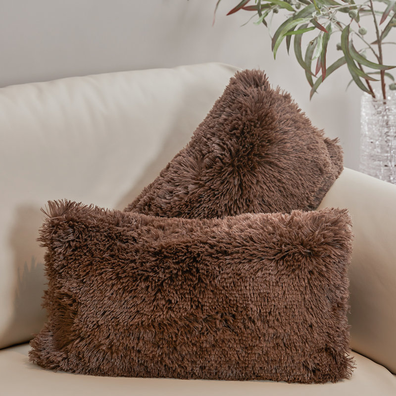 Chocolate Faux Fur Shaggy Lumbar Throw Pillows Set of 2