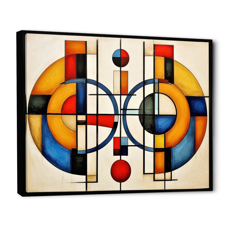 Jaune et bleu, Explorant les dimensions - formes abstraites, art mural, Cadre flottant noir, H 16 po x l 32 po x P 1 po