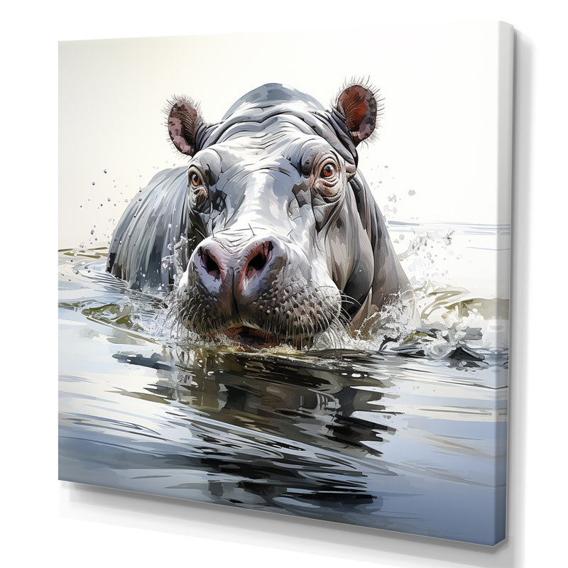 Gris, majestueux Hippo Elegance III - hippopotame, art mural, Toile tendue, H 36 po x l 36 po x P 1,5 po