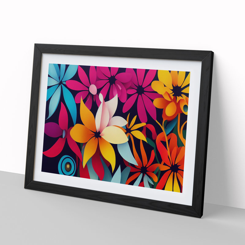 Magnetic Modern Flowers Abstract - Single Picture Frame Print, Black, 34cm H x 46cm W x 2cm D