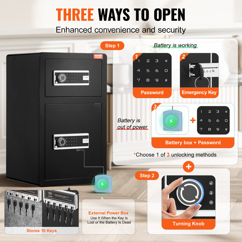 Black Alloy Steel Double Door Safe Box with Key Lock and Password