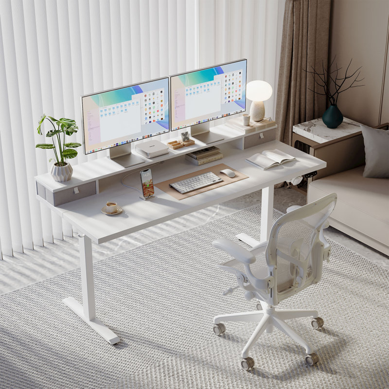 55" Electric Height Adjustable Standing Desk With Drawers,Home Office Desk with Large Monitor Shelf, White