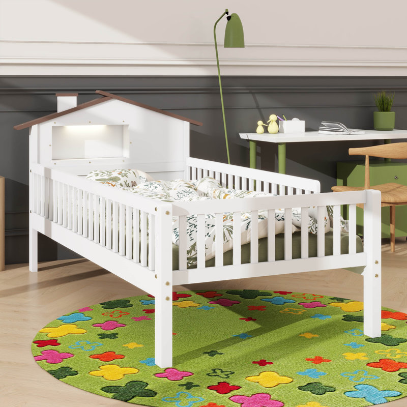 Lit simple en bois à profil bas avec tête de lit de style champêtre, éclairage à DEL et rangement compartimenté, Blanc