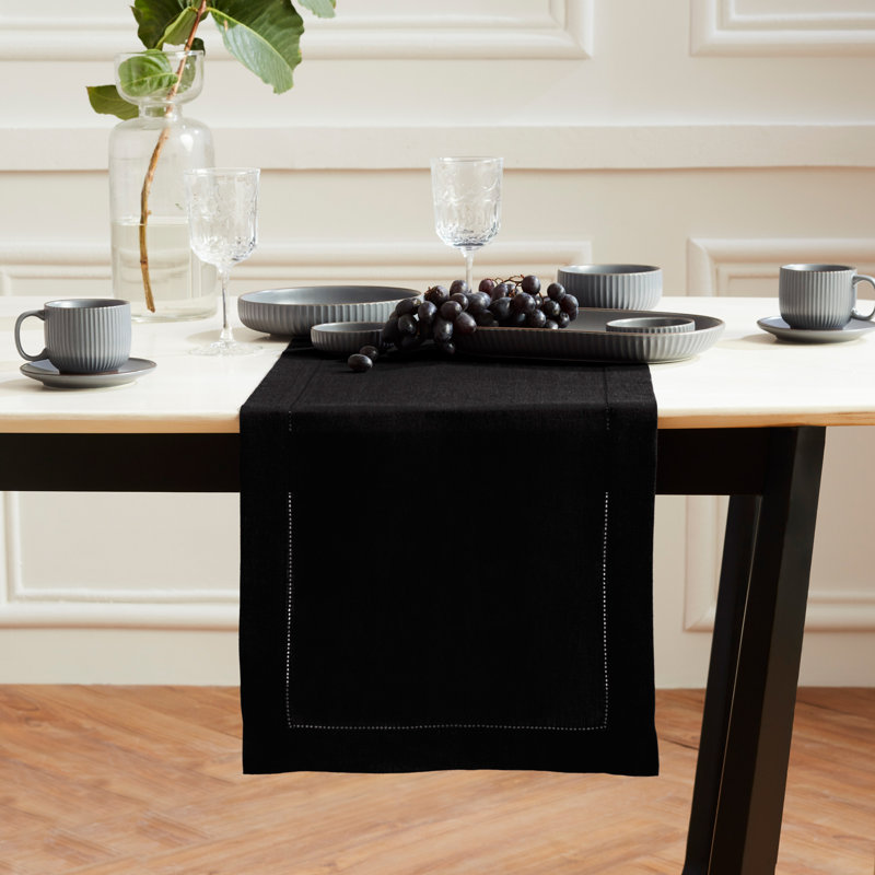 Sonoma Hemstitch - 100% Pure Linen Table Runner, Black, 60" x 14"