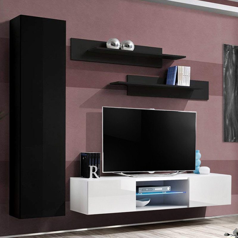 85" Modern Floating Wall Mounted Entertainment Center with 16-Color LED Lighting, High Gloss Finish, Black/White