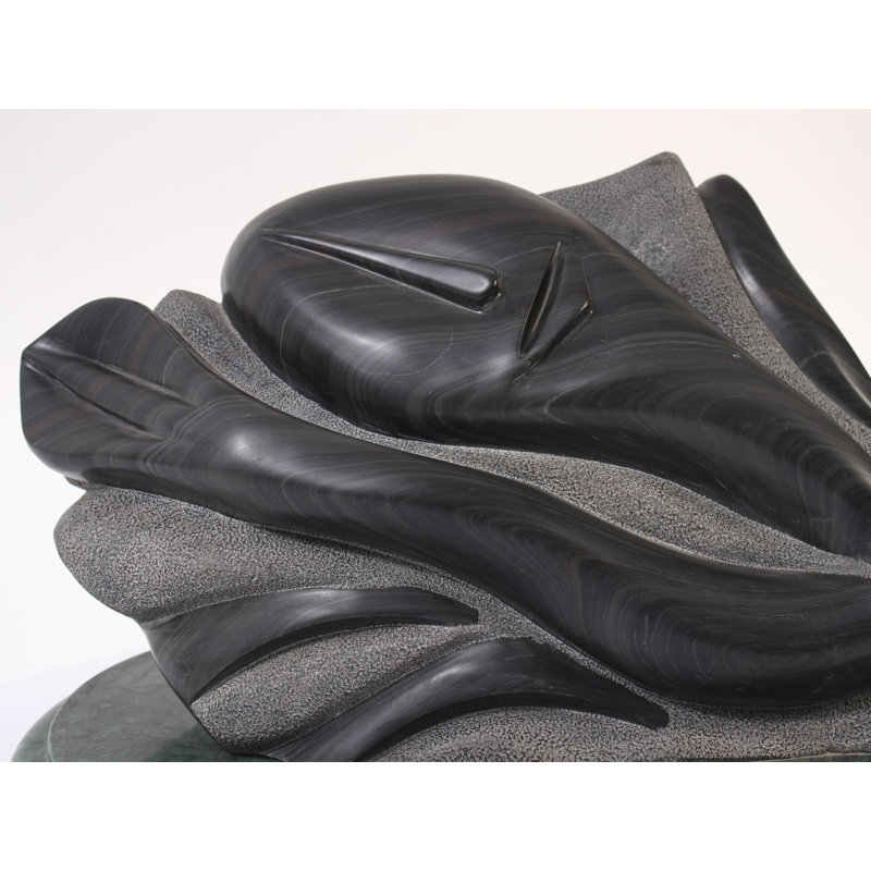 Modern Abstract Black Stone Sculpture – “Repose” on Marble Base, Contemporary Tabletop Art Decor