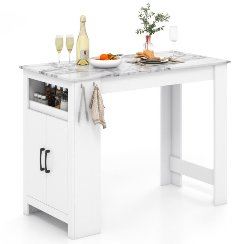 Bar Table Faux Marble Pub Table with 7 Hanging Hooks Compartment