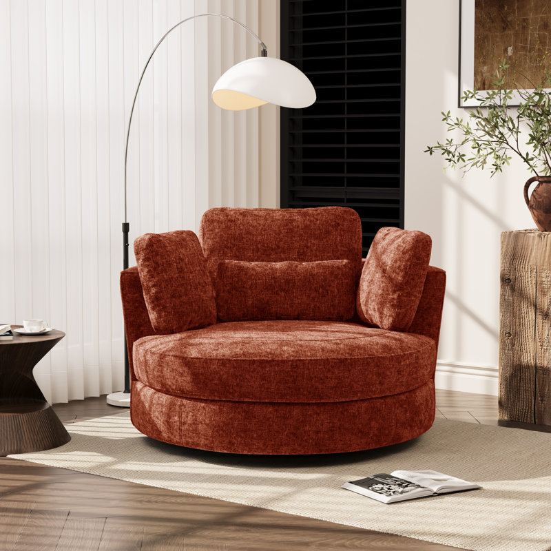 Upholstered Slipcovered Oversized Swivel Barrel Accent Chair, Terracotta Chenille