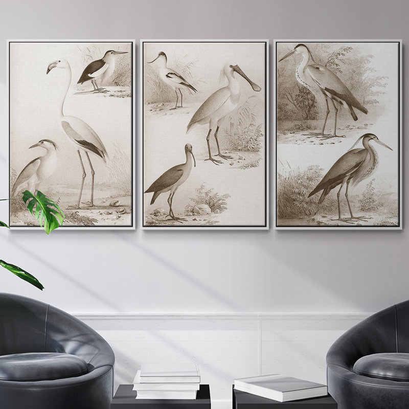 Oiseaux d'eau sépia I, ensemble de 3 toiles encadrées, Blanc, H 36 po x l 72 po
