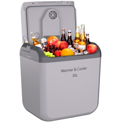 Réfrigérateur portatif 30L pour voiture et réchaud, mini-réfrigérateur thermoélectrique double puissance 12V / 110V, compact avec poignée, pour véhicule de camping, gris clair
