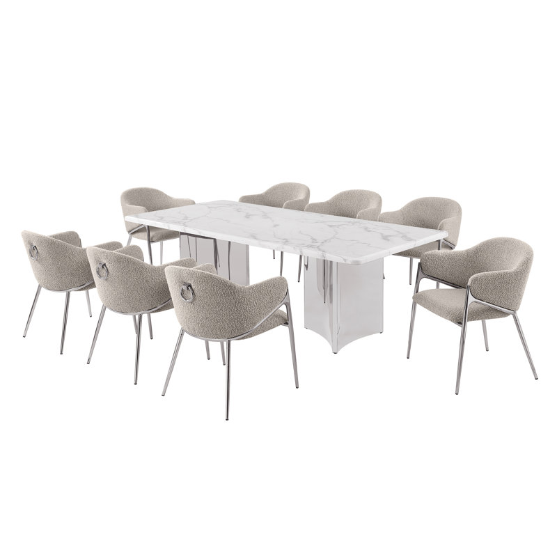 Ensemble de salle à manger en marbre blanc Grand avec chaises d'appoint en tissu Boucle, Gris, Argent argent
