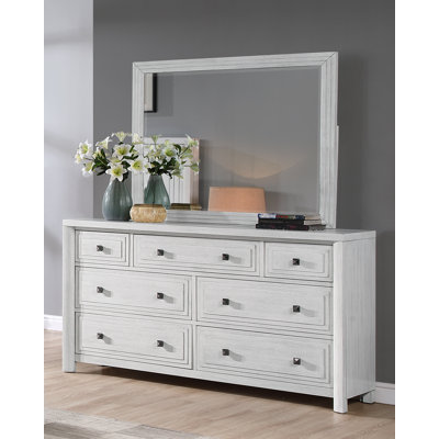 Sunset Trading Dover 7 Drawer Bedroom  Dresser & Mirror Combo Set | 68" Wide Chest Storage Organizer | Beveled Glass | Contemporary Cerused White Oak Wood