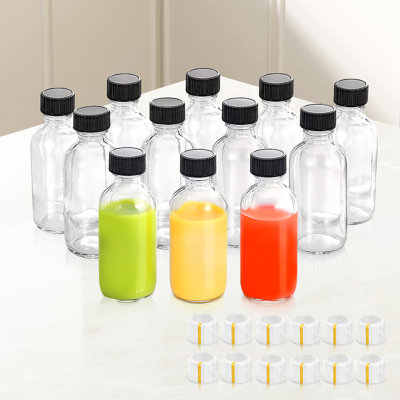 Paquet de 12 petites bouteilles en verre transparent de 2 oz avec couvercles hermétiques et couvercles rétractables