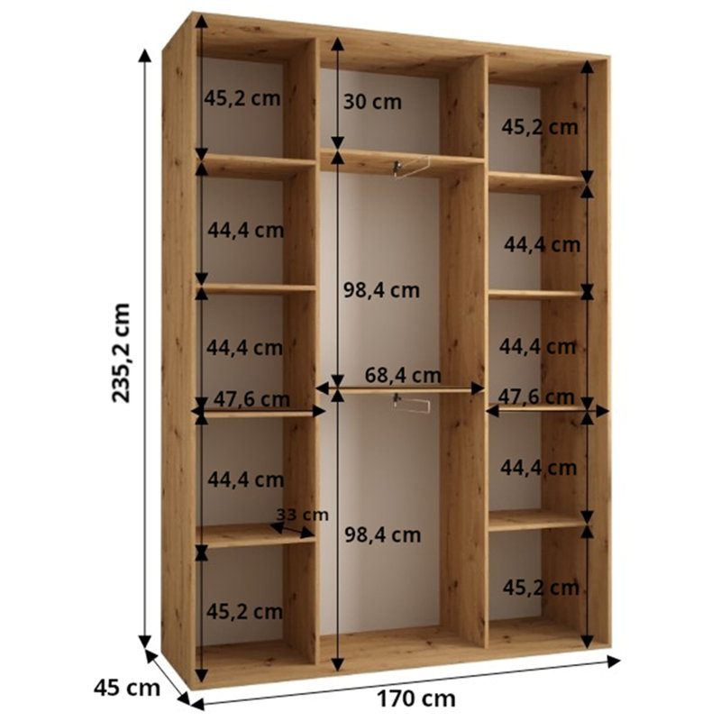 3 Door Wardrobe, 235" H x 170" W x 45" D, Black/Natural