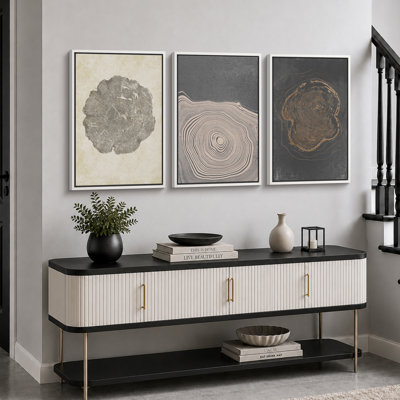 Tree Ring "Beige Gray Wood Stump Artwork, Modern Organic Neutral Minimalist Wall Pictures, Framed Canvas Giclée Print 3 Pieces Wall Art" 16"x24"x3 pcs, 24"x36"x3 pcs
