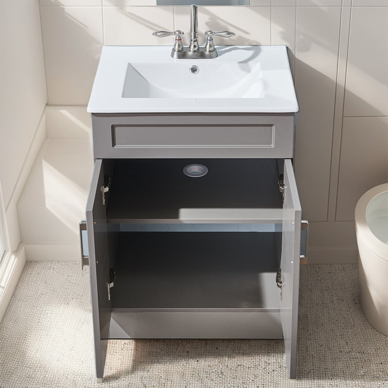24" Modern 2-Door Free-Standing Single Bathroom Vanity With Ceramic Top, Gray