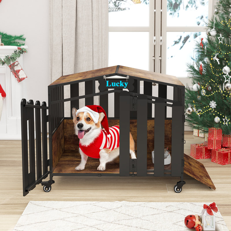 Mobilier de cage robuste pour chien, cage décorative pour chien avec fenêtre d'alimentation, porte-nom, roues à 360 °