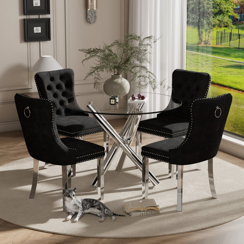 Ensemble de salle à manger à piédestal rond 5 pièces avec chaise capitonnée en velours pour salle à manger et salon, Noir