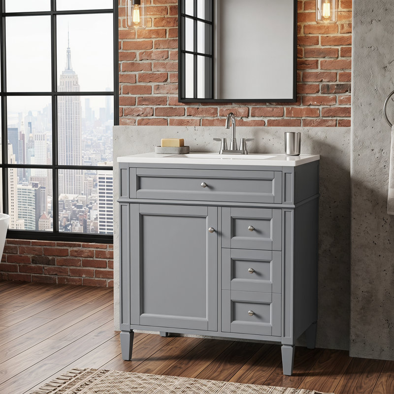 Meuble-lavabo de salle de bain 30 po avec lavabo supérieur, meuble-lavabo moderne avec 2 tiroirs et tiroir escamotable, meuble-lavabo simple