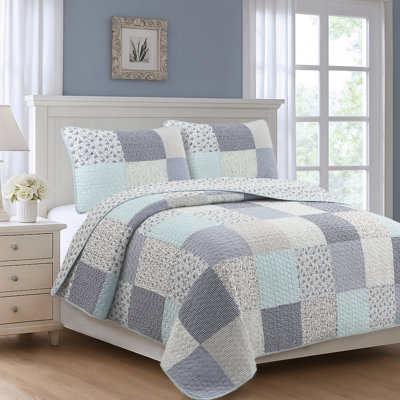 Subtle Blue Checker Cottage Floral  Stripe Cotton 3 Piece Patchwork King Quilt Bedding Set