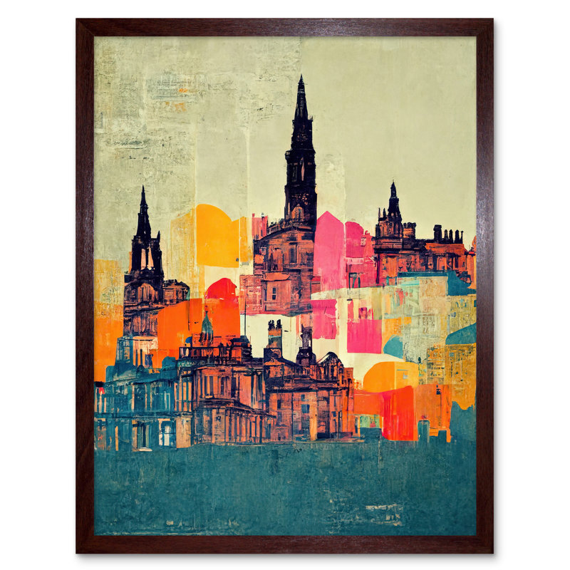 Boho Abstract Cityscape Skyline Folk - Print, Brown Framed Paper, 43cm H x 33cm W x 2cm D