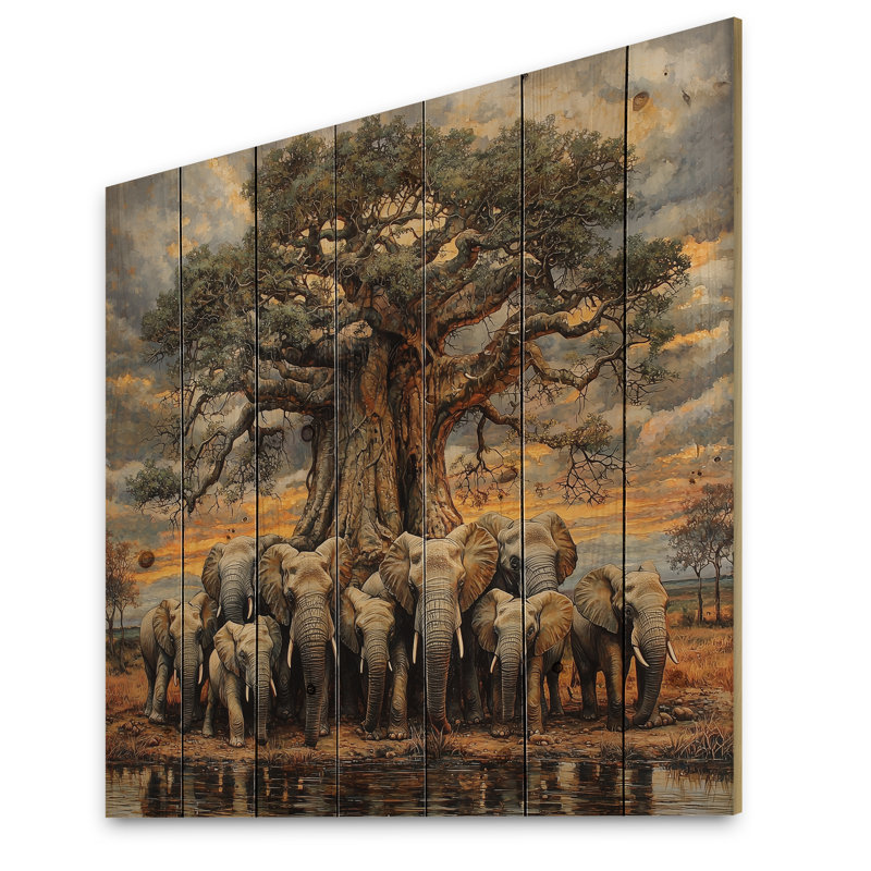 Éléphants d'Afrique par le baobab I - Éléphant, art mural en bois animal - sur bois de pin naturel