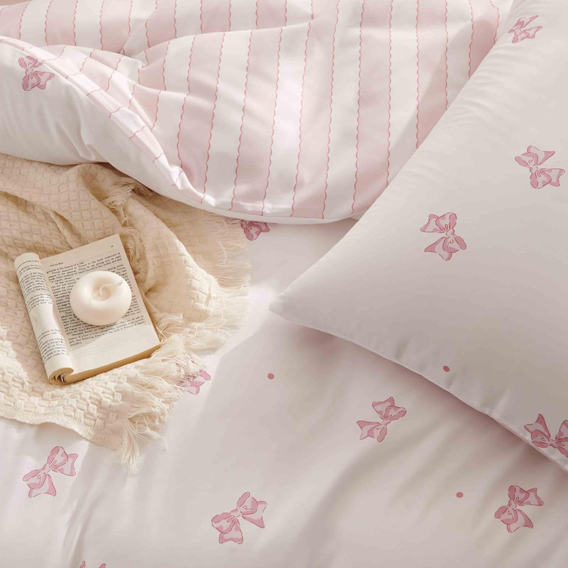 Ensemble d'édredon Ensemble de literie rose avec nœuds papillon et réversible, Édredon grand + 2 taies d'oreiller standard