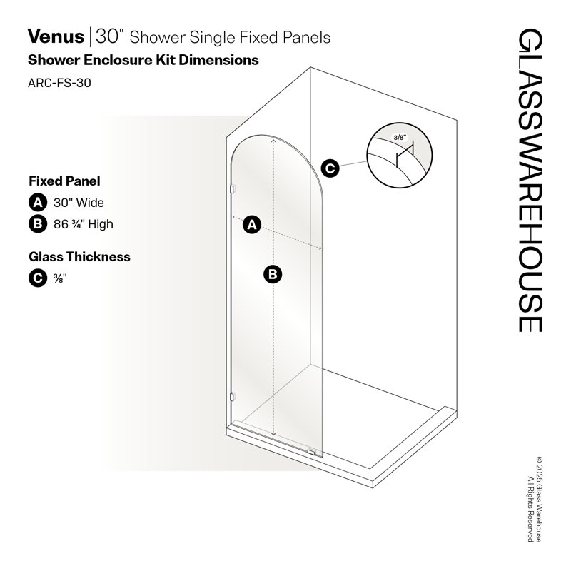 Venus 30 in. x 86.75 in. Fully Frameless Arched Single Fixed Shower Panel, Oil Rubbed Bronze