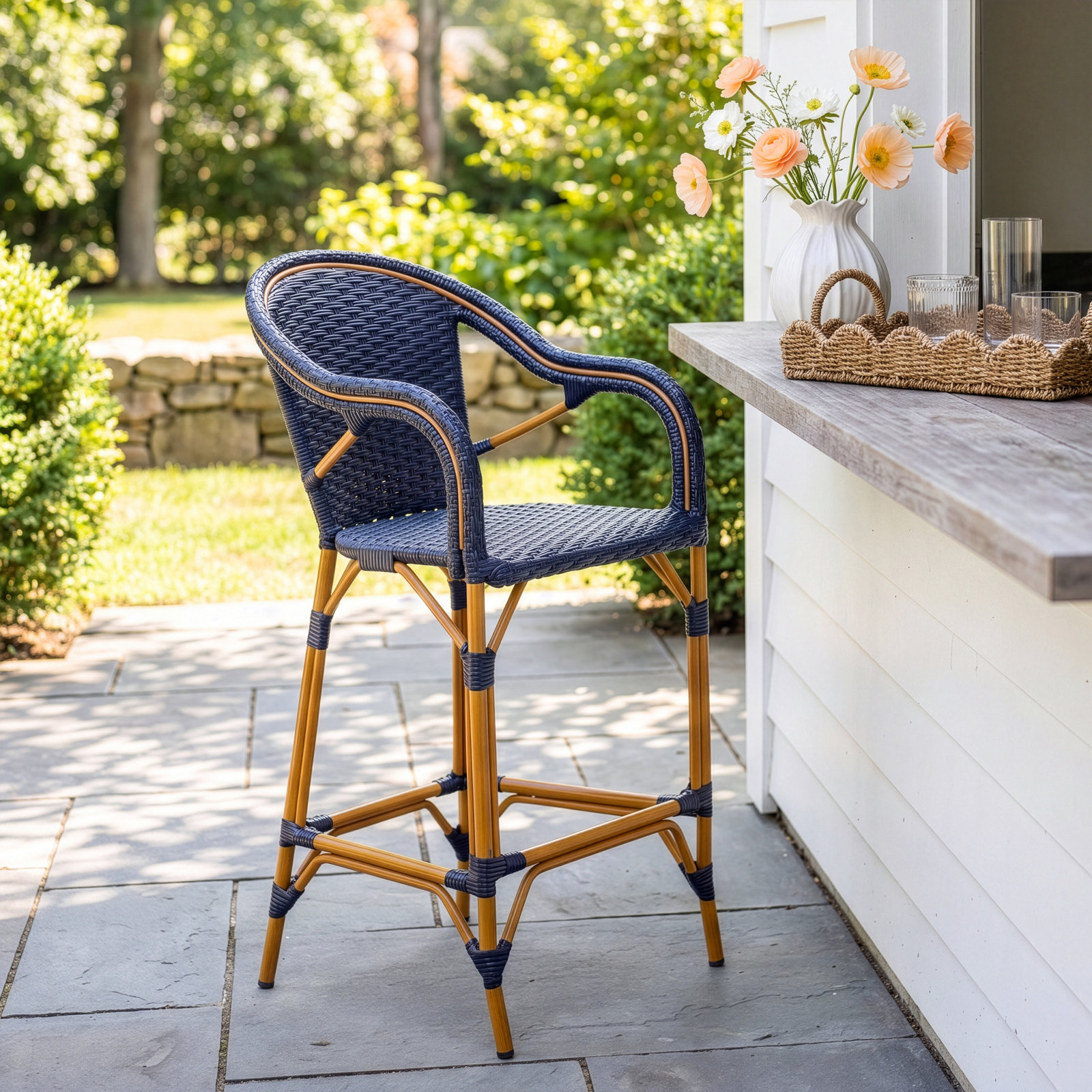 Popplewell 46.5'' Aluminum Outdoor Bar Stool, Navy, 29.5" H x 22.5" W x 25.5" D