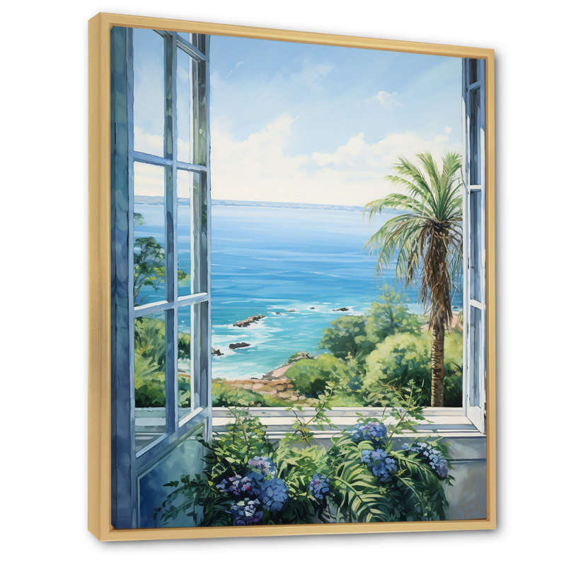 «Tropical Windows To The Beach I» - art mural de fenêtres côtières, H 44 po x l 34 po x P 1,5 po, Cadre flottant brun
