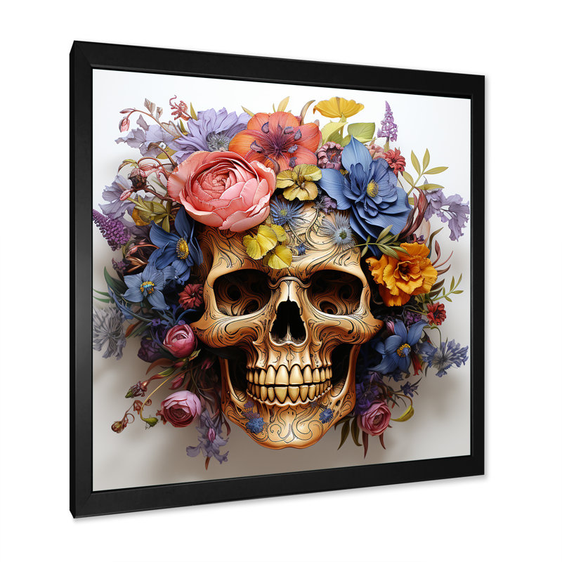Motif floral crâne à la mode en or I - art mural mode crâne, Black Picture Framed, 16" H x 16" W