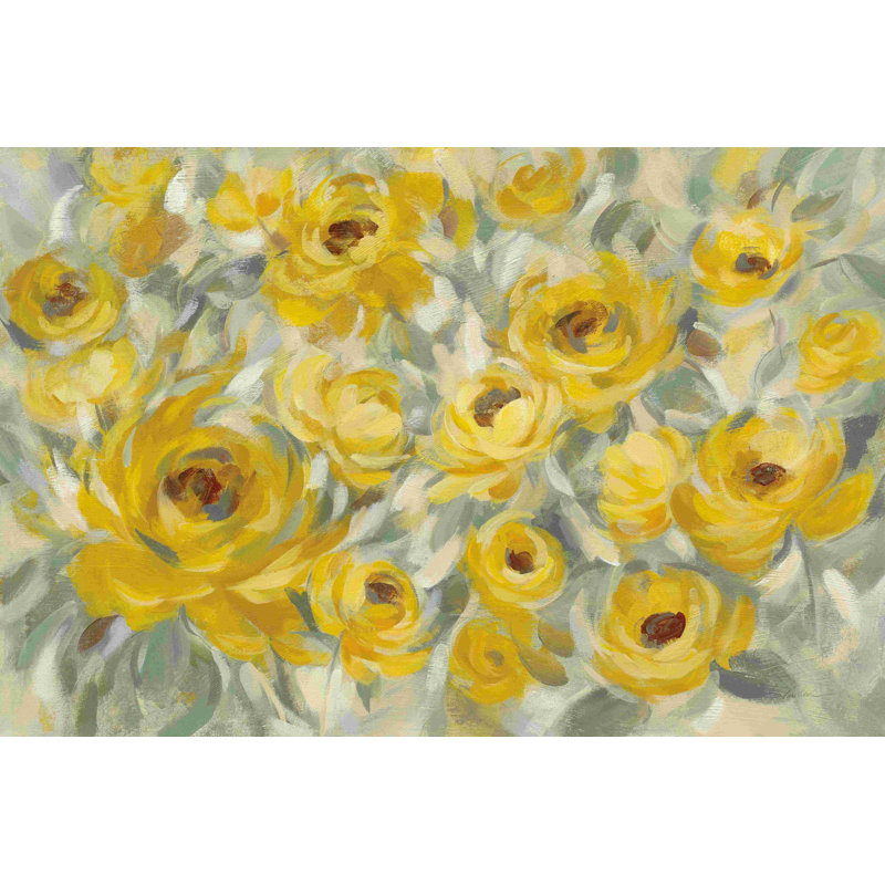 «Yellow Roses Crop» par Silvia Vassileva - peinture sur toile tendue, H 8 po x l 12 po, Papier avec cadre argenté, Non