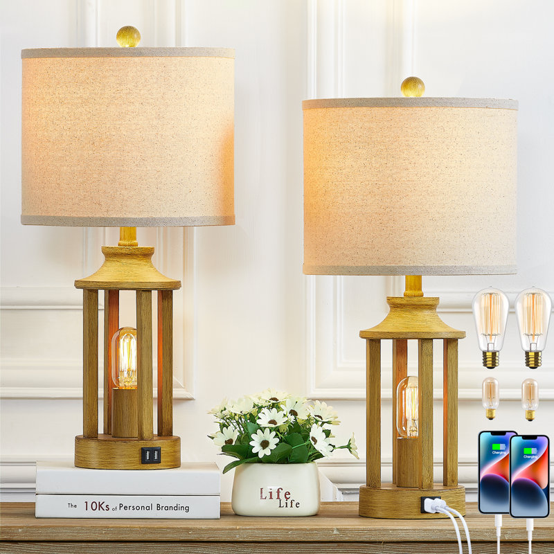 Cochranville 23.6" Modern Lantern Table Lamp with USB Ports and Touch Control, Beige, Gold