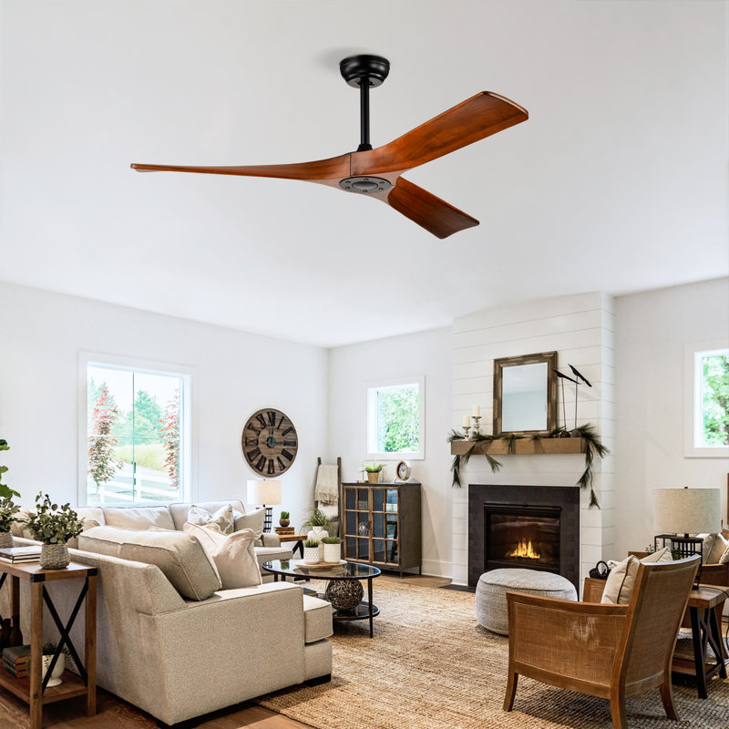 52'' Solid Wood Ceiling Fan, Black with Brown Blades
