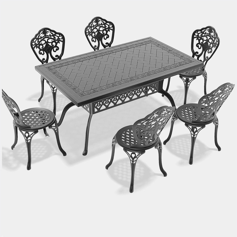 Ensemble de 7 pièces de mobilier de salle à manger en fonte d'aluminium toutes saisons avec cadre noir