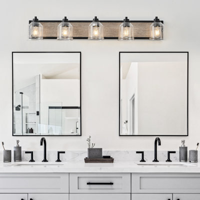 40" Vanity Fixture, 5- Bath Wall Sconce, Clear Glass Shades, Black & Wood Grain, Industrial Thirst Bathroom , Sconce With And Sparkle