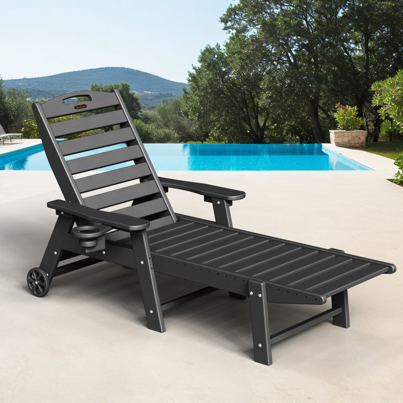 Outdoor HDPE Reclining Lounge Chaise With Wheels & Cup Holder, Black