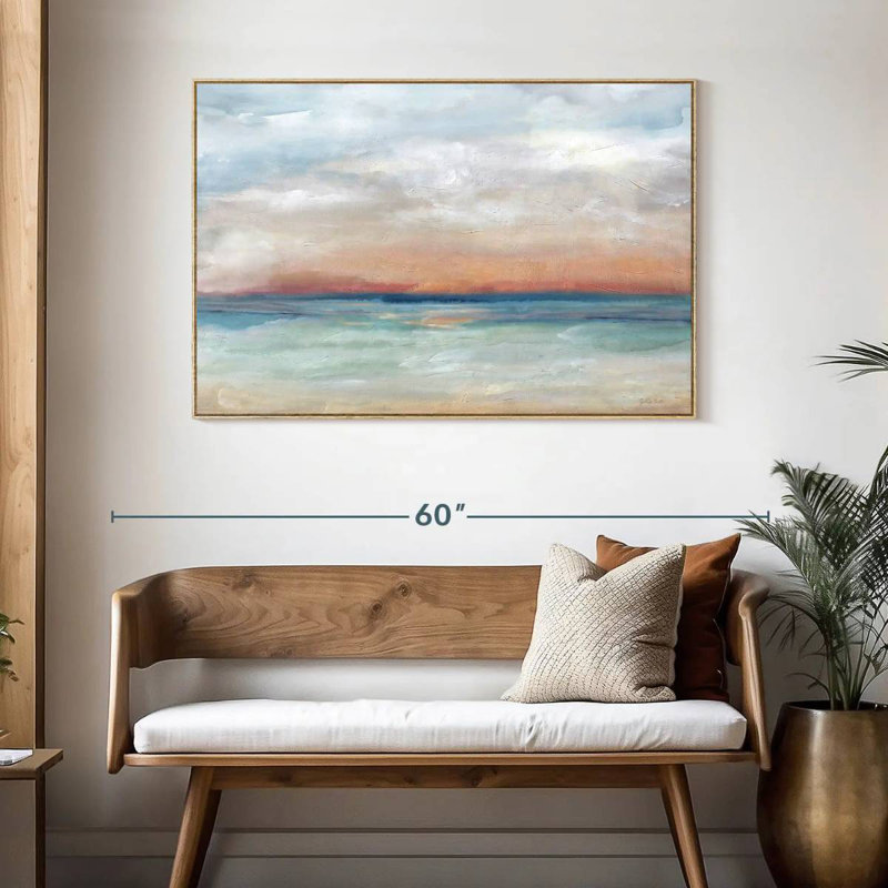 Scène sereine, paysage lumineux, 46 po x 31 po, Cadre flottant en bois naturel