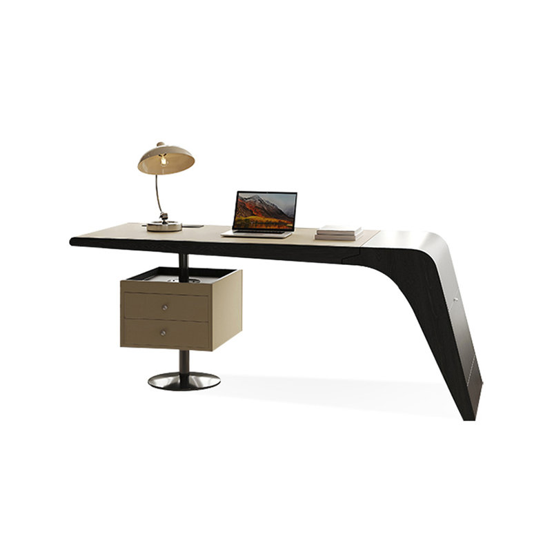 Bureau rectangulaire avec tiroirs en bois manufacturé beige et noir + argent, 29.53" H x 78.74" W x 27.56" D