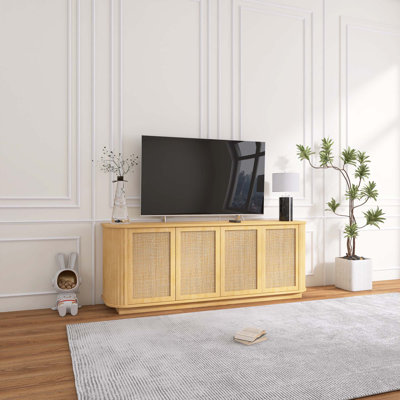 Meuble télé 24 po en bois naturel avec coin arrondi et armoire de rangement